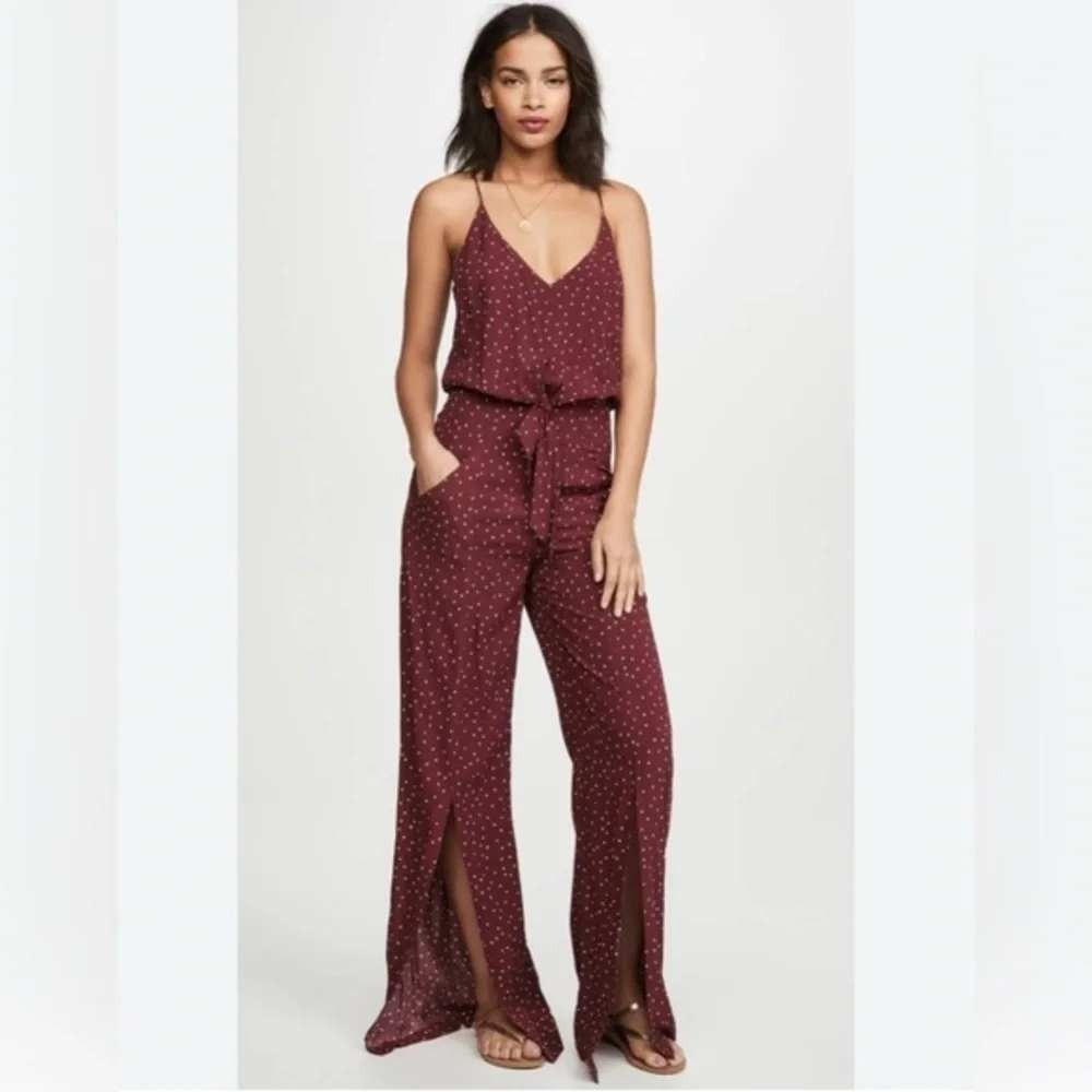 Sleeveless Burgundy Polka Dot Tie-Waist Jumpsuit